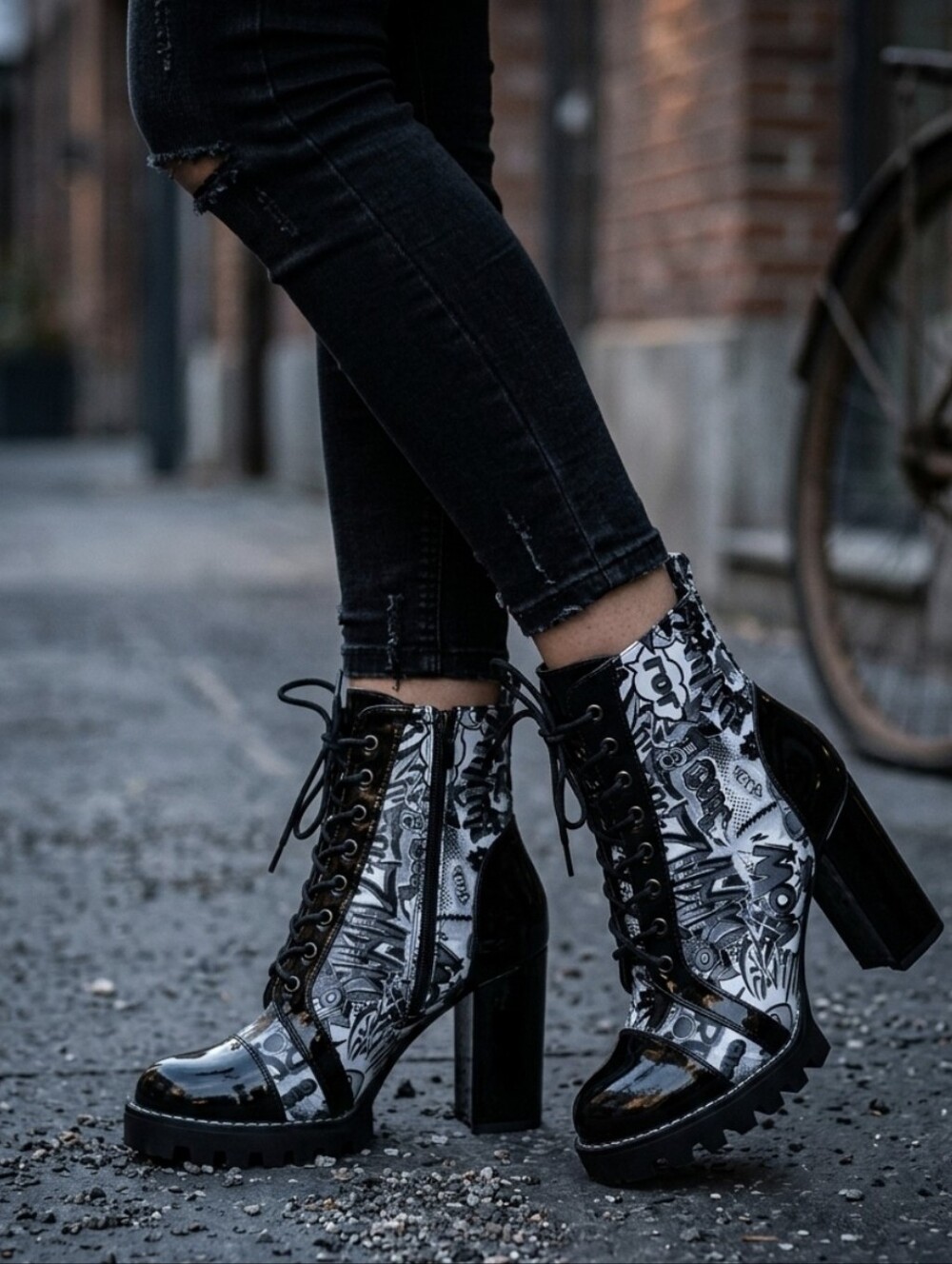 Black & White Graphic Lace-Up Chunky Heel Ankle Boots